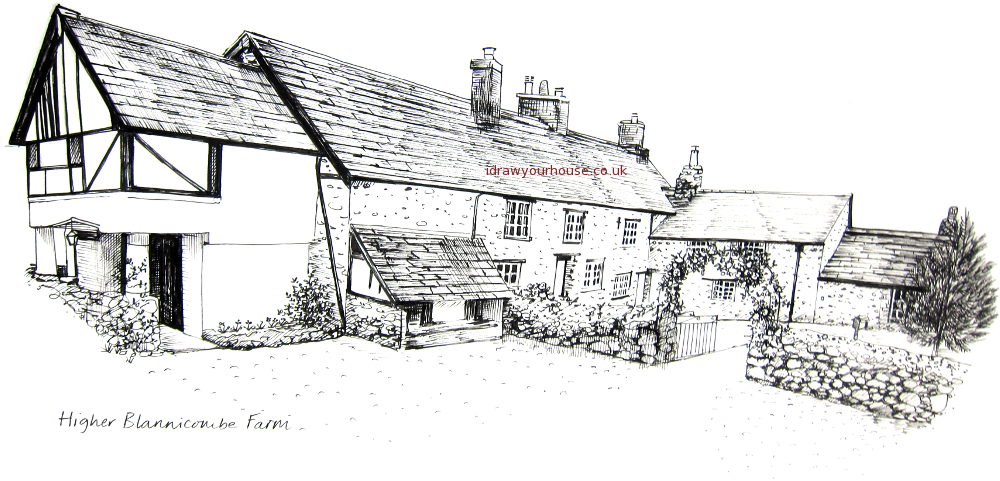 Higher Blannicombe Farm, from photo of pen and ink drawing